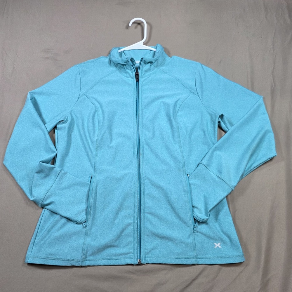 Xersion Performance Full Zip Jacket Womens PL Petite Large Heather Teal Blue UA